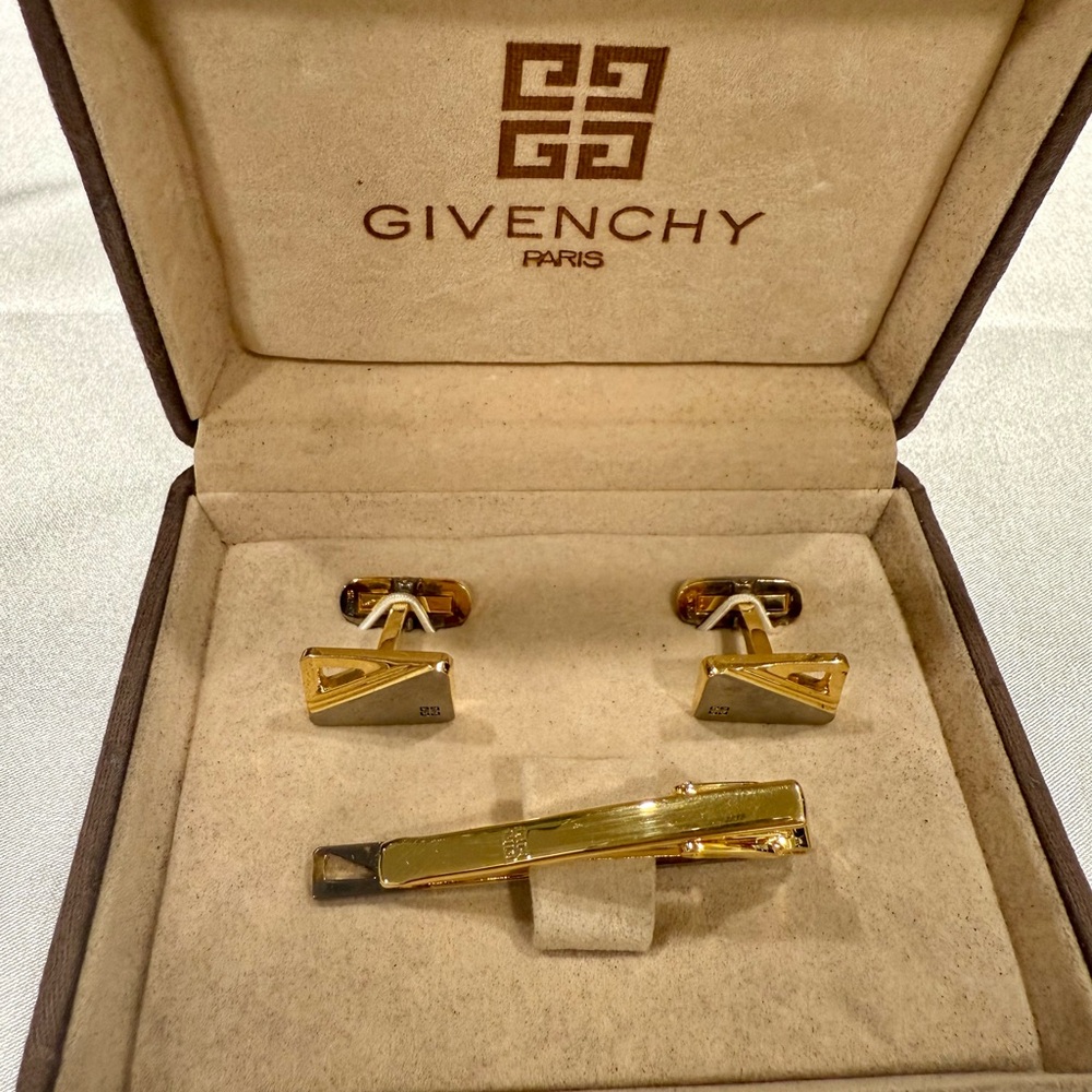 Givenchy Gold and Silver Cufflinks with Tie Clip
